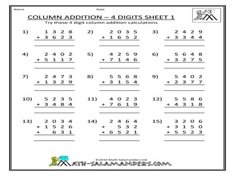 4 digits addition|4 digit column addition worksheet.